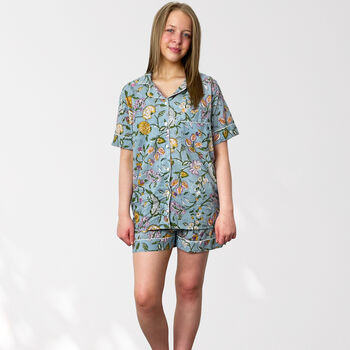 Pale Blue Floral 100% Cotton Ladies Pyjama Short Set, 3 of 12