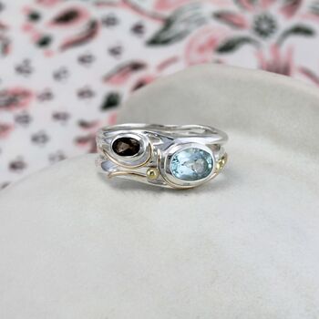 Organic Smokey Quartz And Blue Topaz Ring, 5 of 9