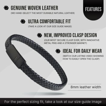 Men's Black Braided Leather Bracelet, 3 of 9