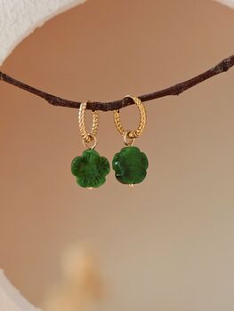 Botan Flower Natural Green Jade Huggie Hoop Earrings, 7 of 10