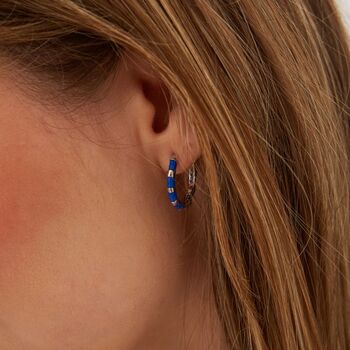 Blue Enamel Stripe Sterling Silver Hoop Earrings Zirconia Interior, 6 of 10