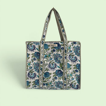 Blue And Green Block Print Floral Quilted Cotton Tote Bag, 4 of 5