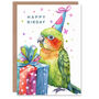 Cute Green Parakeet Parrot Party For Girl Boy Kids Birthday Card, thumbnail 1 of 5