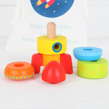 Wooden Stacking Rocket Toy With Personalised Bag, 2 of 3