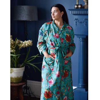 Ladies Teal Exotic Flower Print Cotton Dressing Gown, 2 of 5