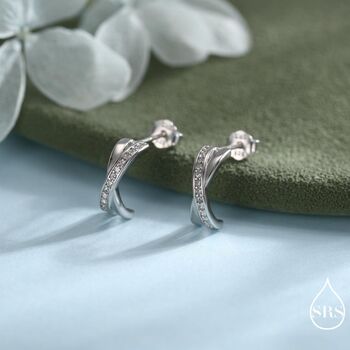 Sterling Silver Cross Over Cz Criss Cross Pave Hoop Earrings, 2 of 12