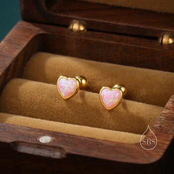 Sterling Silver Pink Opal Heart Screw Back Earrings, 6 of 11