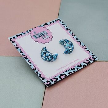Moon Glitter Resin Stud Earrings Purple And Blue, 5 of 8