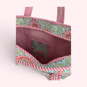 Blue And Pink Block Print Floral Quilted Cotton Tote Bag, 4 of 5