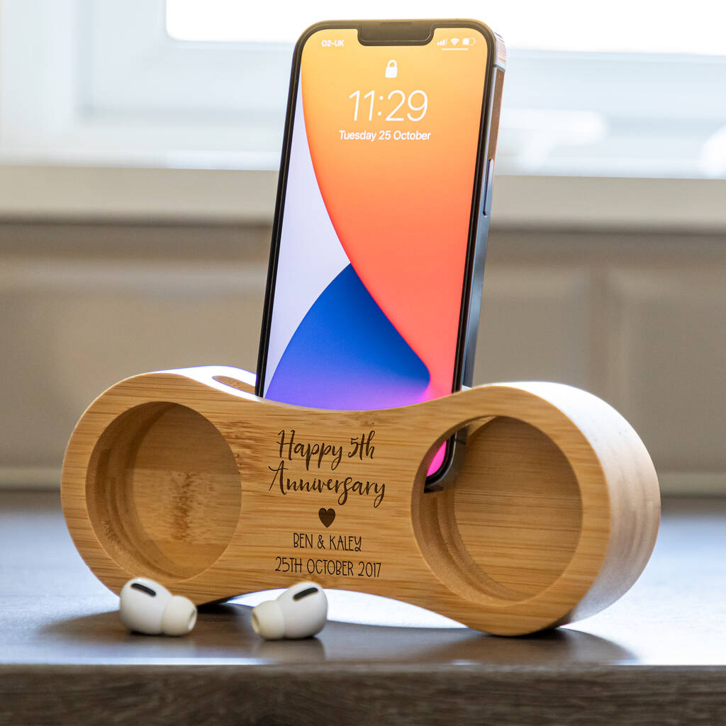 Personalised Phone Amplifier 5th Anniversary Wood Gift, 1 of 6