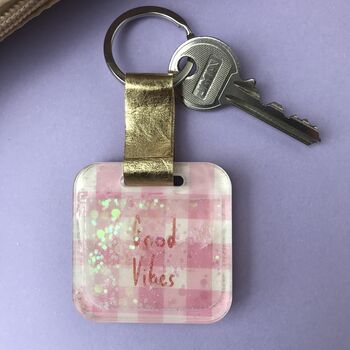 Personalised Pink Gingham Print Glitter Keyring, 3 of 7