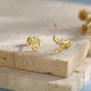 Mismatched Dragon And Phoenix Screw Back Earrings In Sterling Silver, 5 of 10