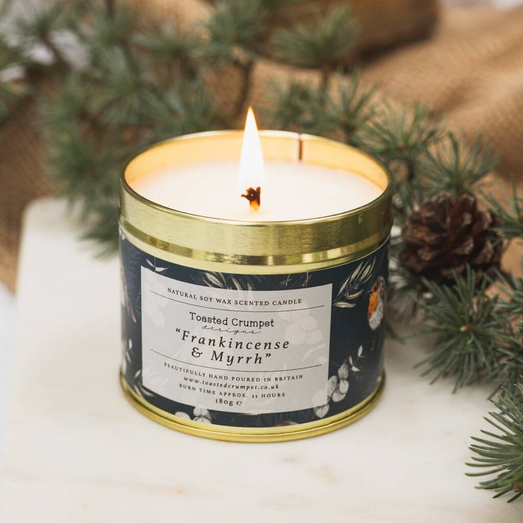 Frankincense And Myrrh Matt Gold Tin Candle By Toasted Crumpet Designs