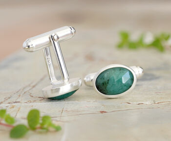 5ct Natural Emerald Cufflinks In Sterling Silver Oval Gemstone Cufflinks, 2 of 2