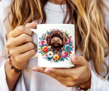 Personalised Chocolate Cockapoo Summer Floral Dog Wreath Cushion And Mug Gift Bundle, 2 of 4