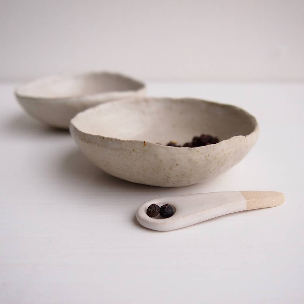 Handmade Oatmeal Satin Pottery Salt + Pepper Bowls, 1 of 6