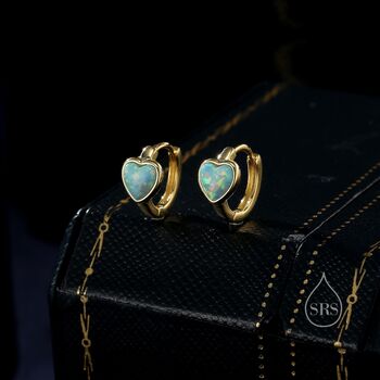 Aqua Green Opal Heart Huggie Hoop Earrings, 2 of 10