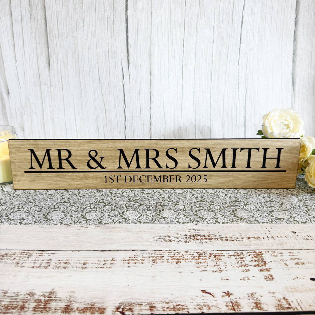 Personalised Oak Wedding Sign With Names And Date, 1 of 1