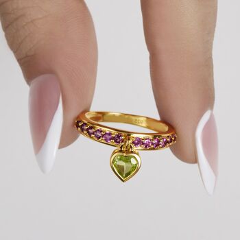 Peridot And Rhodolite Heart Charm Ring, 5 of 6