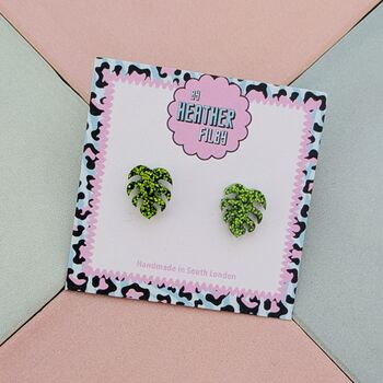Green Monstera Leaf Glitter Resin Stud Earrings, 3 of 4