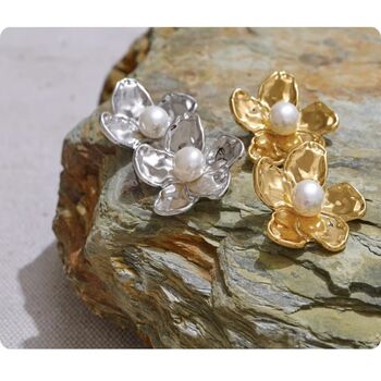 Paris D’or Gold Pearl Flower V Blossom Gift Earrings, 5 of 5