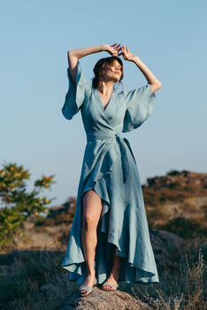 Long Bohemian Wrap Linen Dress With Frill Details, 3 of 10