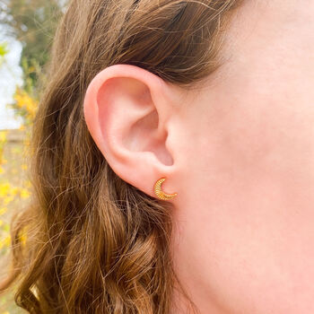 Gold Plated Engraved Moon Studs, 2 of 3