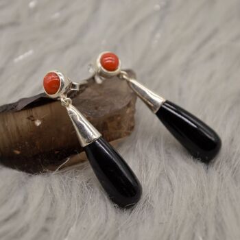 Black Onyx, Red Coral Silver Earrings, 4 of 6