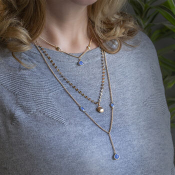 Long Gold Plated Multi Strand Blue Chalcedony Necklace, 3 of 5