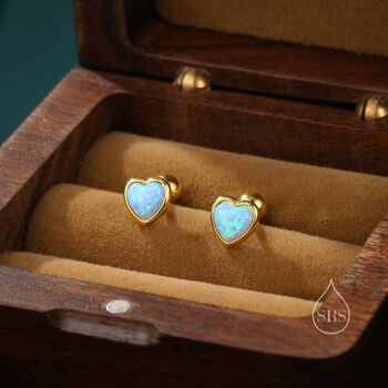 Sterling Silver Blue Opal Heart Screw Back Earrings, 2 of 10