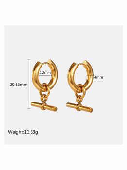 Chunky 18 K Thick Gold Plated T Bar Hoop Earrings, 5 of 6