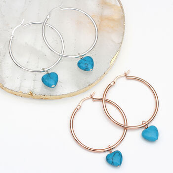 Sterling Silver Or 18ct Rose Gold Turquoise Heart Hoops, 2 of 6