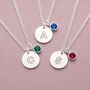 Silver Plated Modern Initial Birthstone Disc Necklace, thumbnail 1 of 8