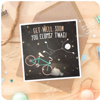 Clumsy Twat Funny Get Well Soon Bicycle Greeting Card, 2 of 5