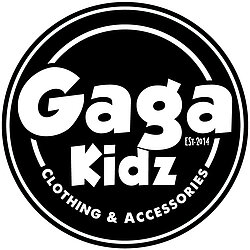 'Gaga Kidz - clothing and accessories' round logo in black with all white text and established in 2014 info.