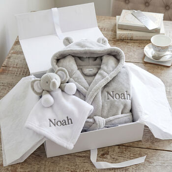 Personalised Grey Baby Gown And White Elephant Comforter Set, 3 of 11