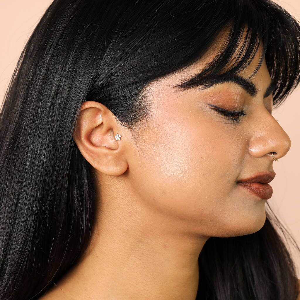 Sterling Silver Crystal Tiny Flower Piercing Earring, 1 of 3