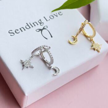 Moon And Star Huggie Earrings Christmas Gift For Her, 5 of 9