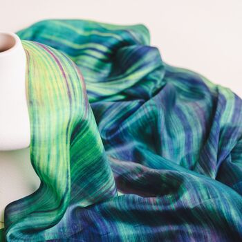 100% Mulberry Silk Scarf, Emerald Green, Aurora Borealis In Gift Box, 6 of 10