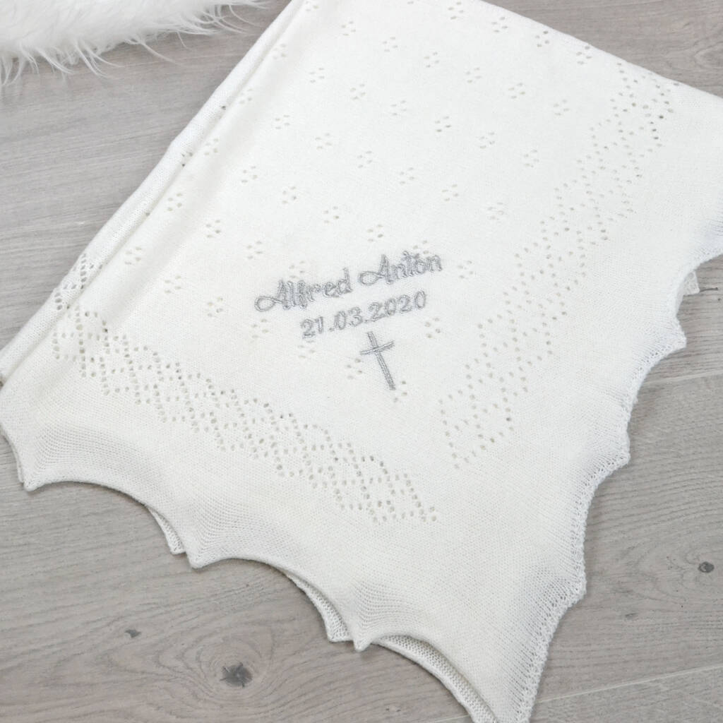Personalised White Knitted Christening Shawl By D Caro ...