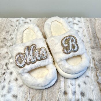 Personalised Fluffy White Bride Slippers, 2 of 5