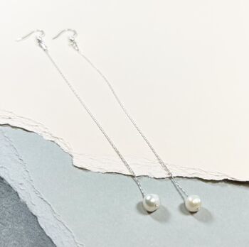 Single Pearl Long Drop Sterling Silver Earrings, 5 of 6