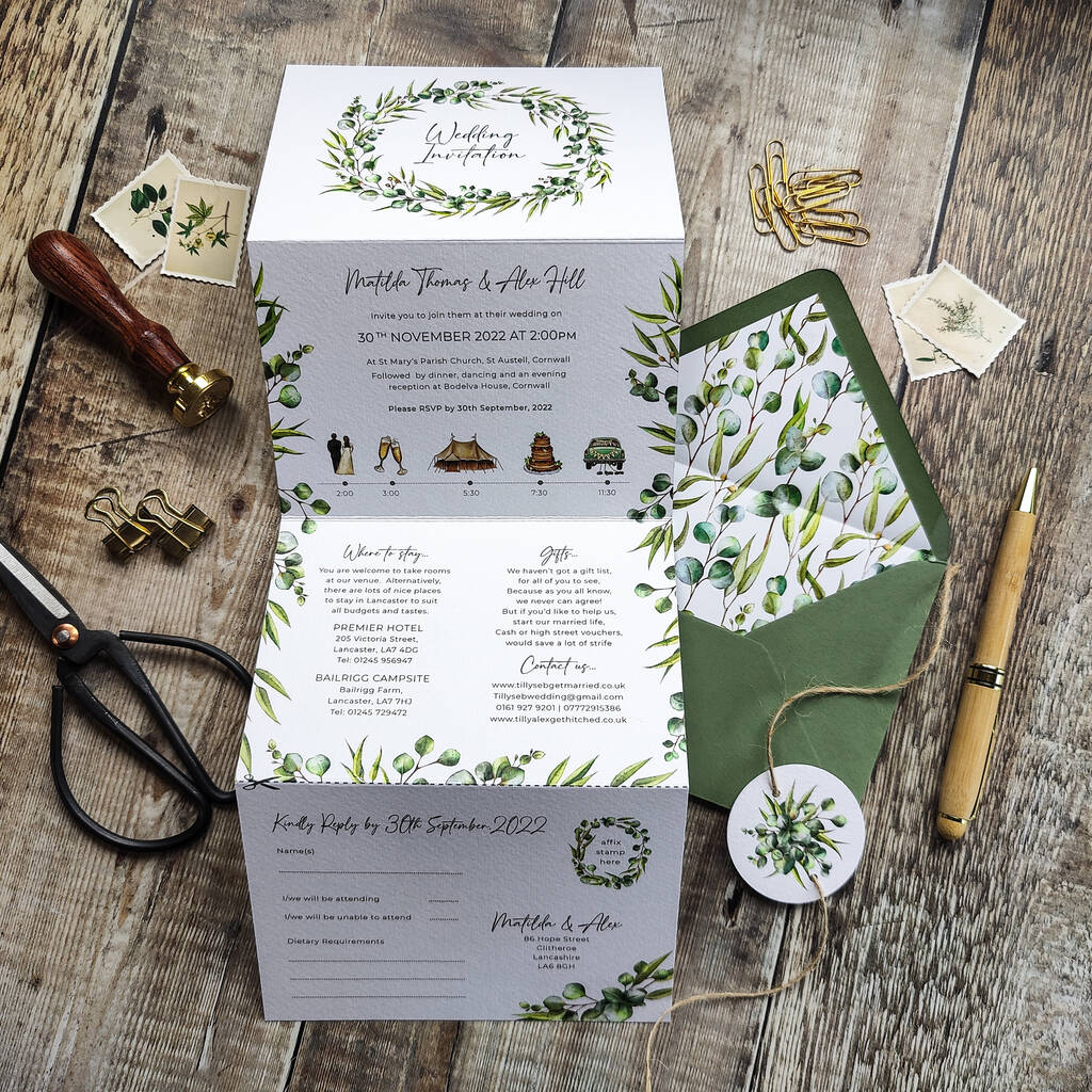 Eucalyptus Wedding Invitation With Timeline, 1 of 9