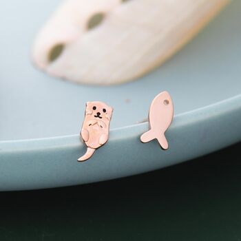 Sterling Silver Mismatched Otter And Fish Stud Earrings, 4 of 12