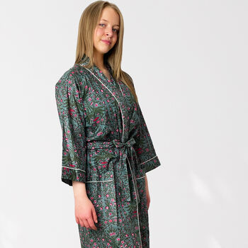 Grey And Pink Flower Print Cotton Dressing Gown Kimono, 6 of 10