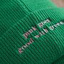 Personalised Beanie Hat With Customisable Slogan In Green, thumbnail 4 of 4