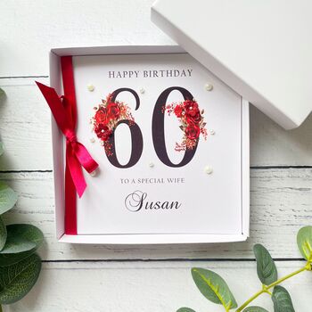 Personalised 60th Birthday Card. In Red With Flowers, 3 of 6