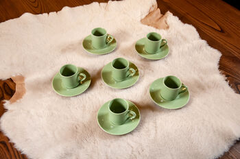 Set Of Six Porcelain Espresso Cup And Saucer Green, 6 of 9