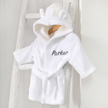 Personalised White Baby Dressing Gown With Ears On Hood, 2 of 5