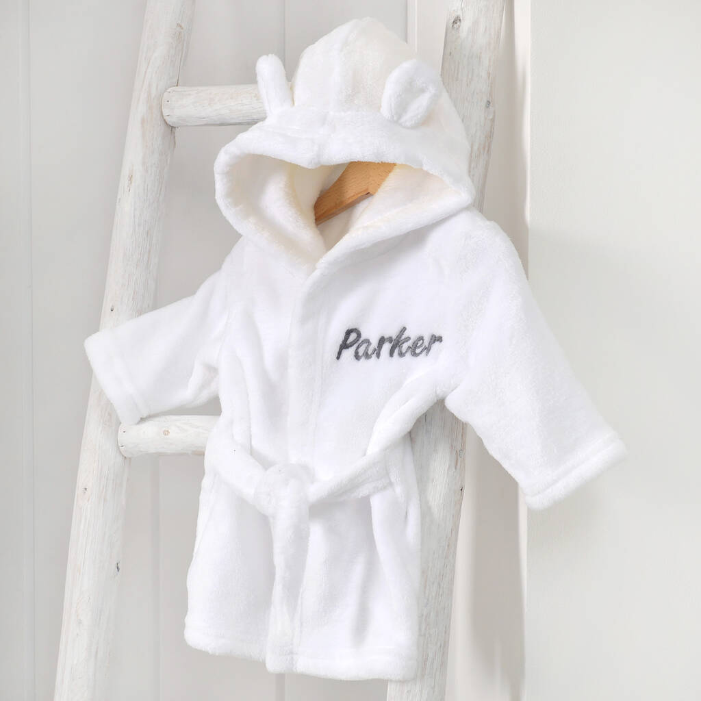 Personalised White Baby Dressing Gown With Ears On Hood By A Type Of Design